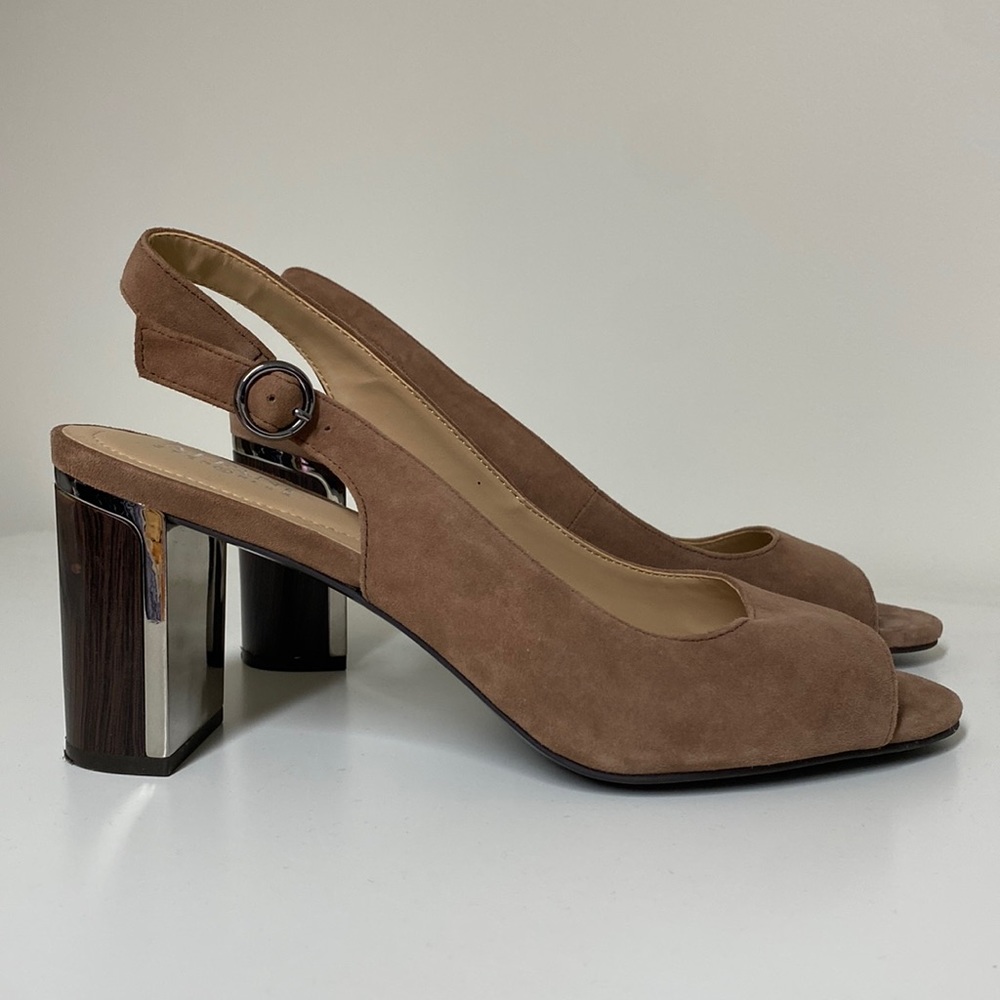 Taupe Suede Heel with Metallic Detail